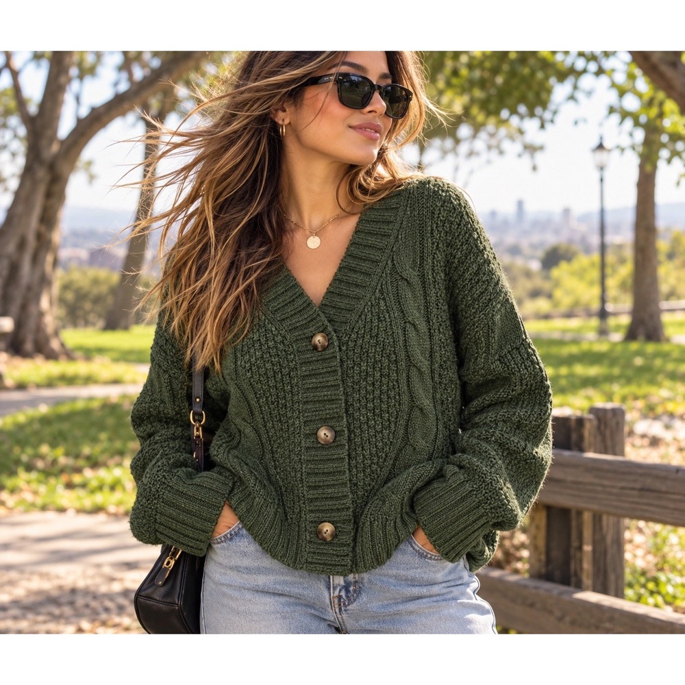 Abercrombie & Fitch Cable Knit Button Cardigan Sweater Women Size XS Green Y2K